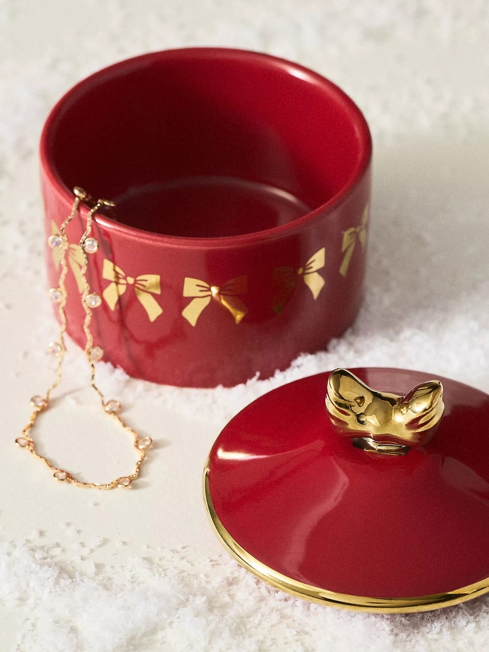 Anthro NWT Red and Gold Decorative Trinket Jar with Gold Bow Motif